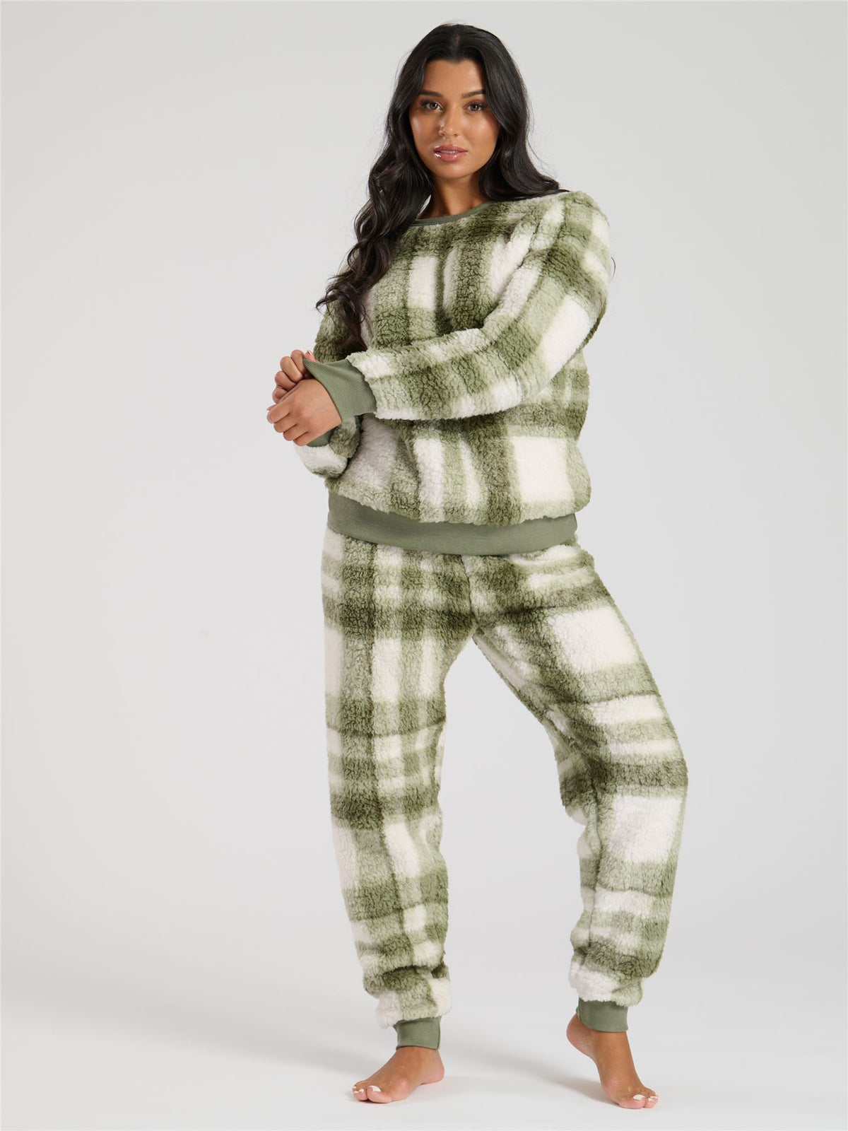 Loungeable Womens Green Check Borg Fleece Pyjamas