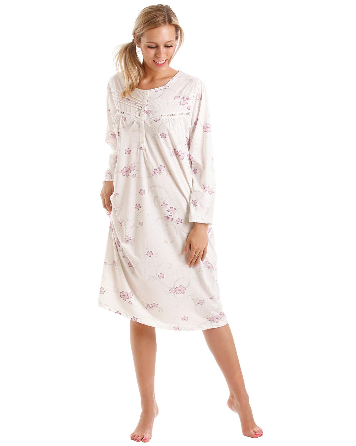 Lady Olga Womens Long Sleeve Jersey Floral Nightie