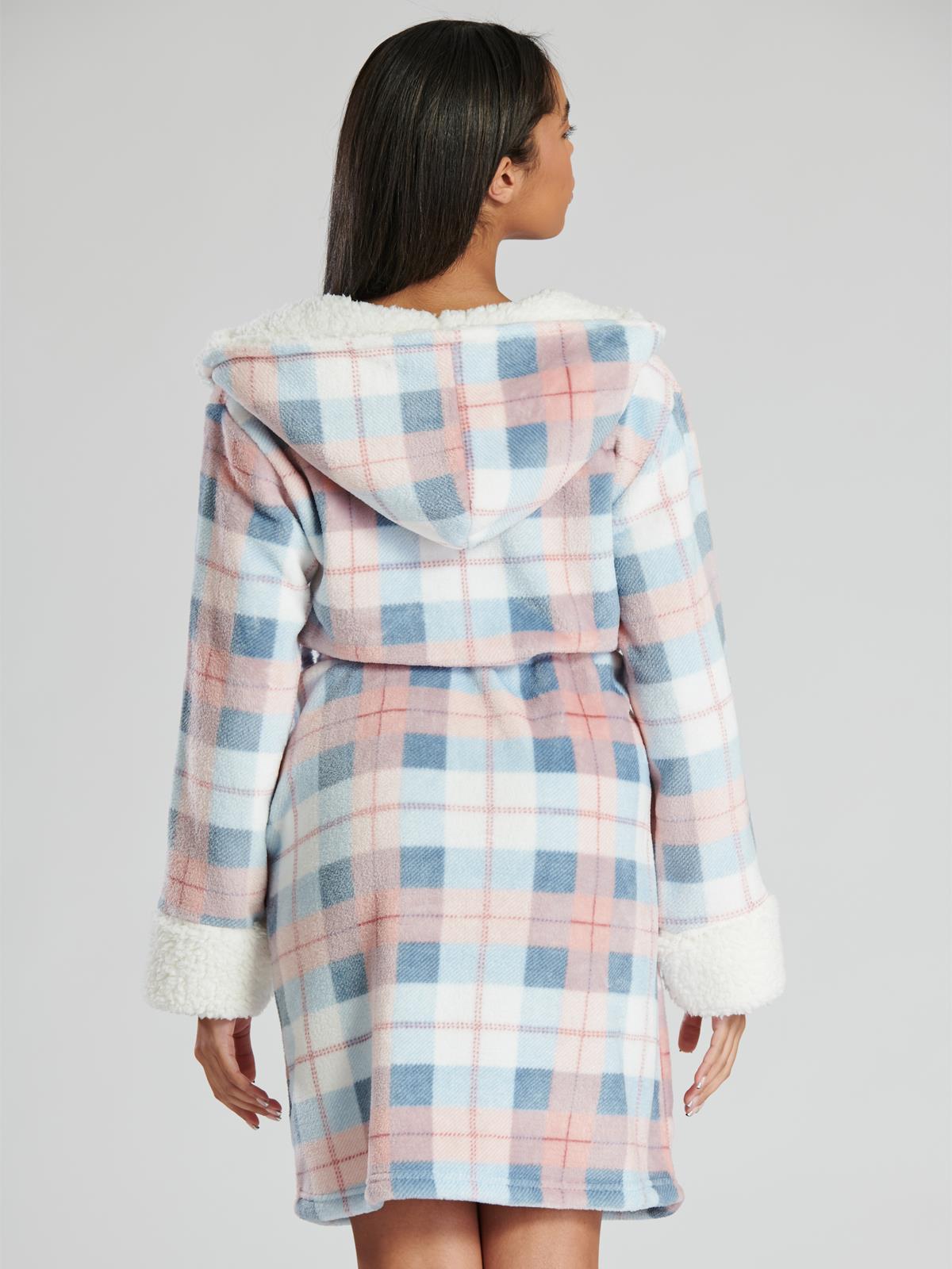 Loungeable Womens Blue Check Hooded Dressing Gown