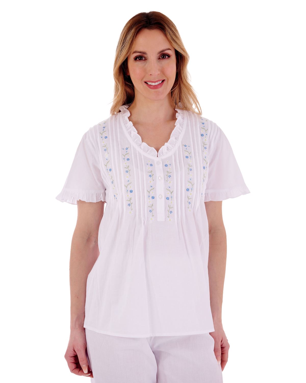 Slenderella Womens Embroidered Pintuck & Ruffle Woven Pyjamas