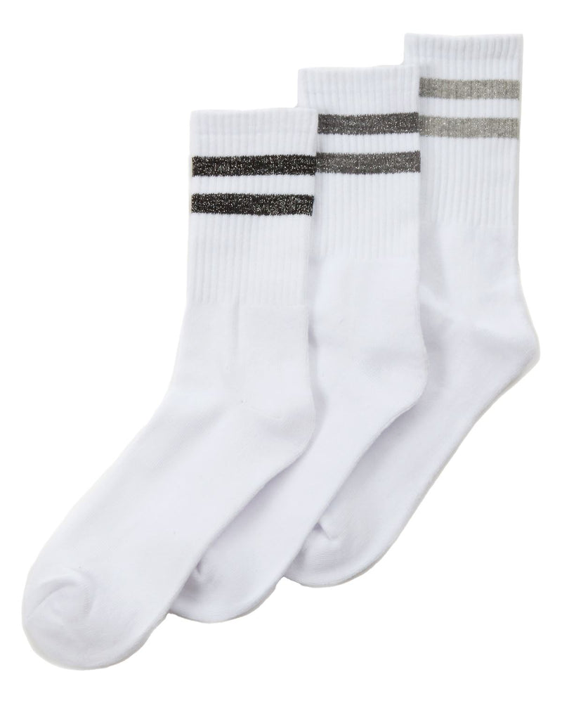 Womens 6 Pack White Glitter Stripe Sport Socks