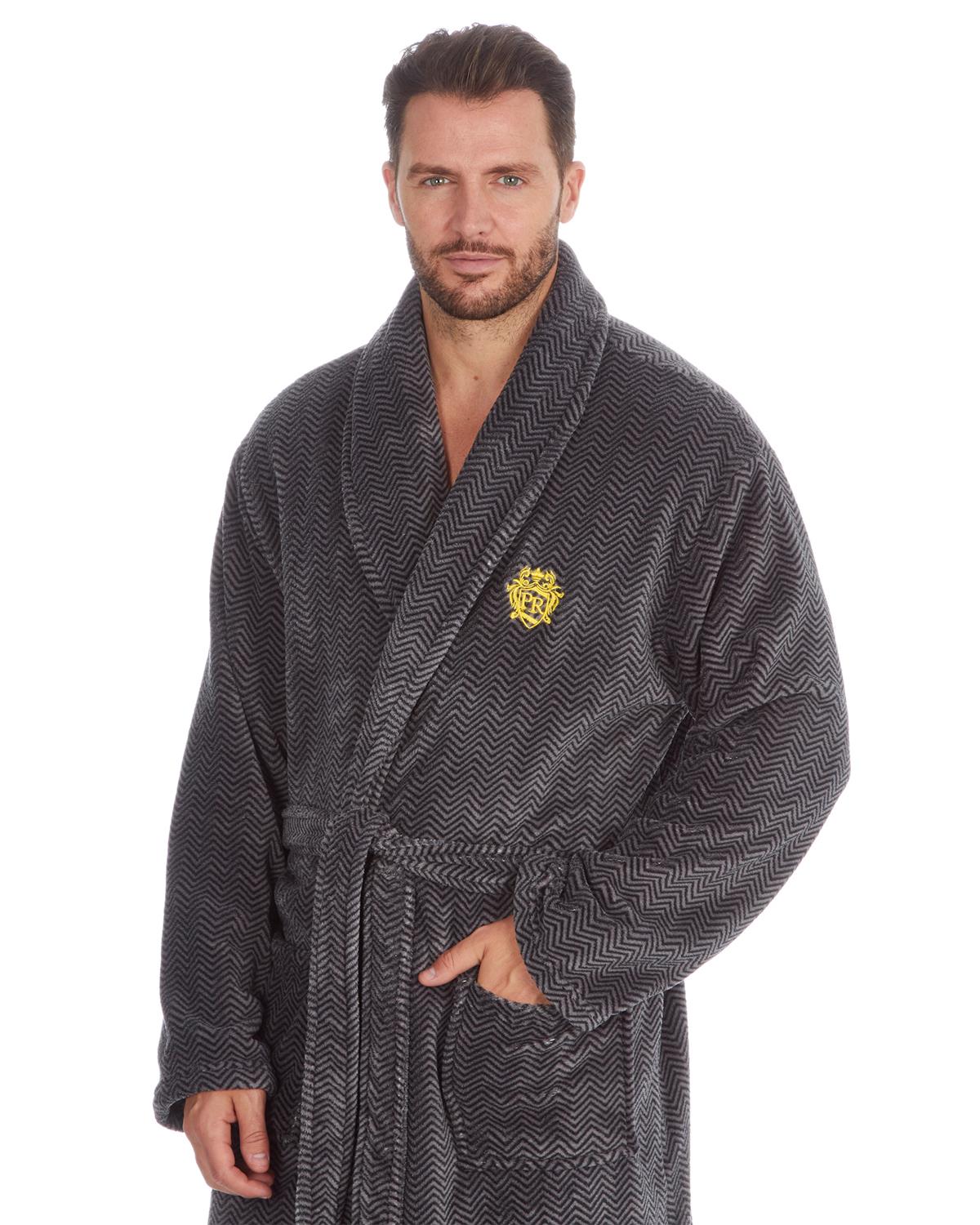 Pierre Roche Mens Black Chevron Fleece Dressing Gown