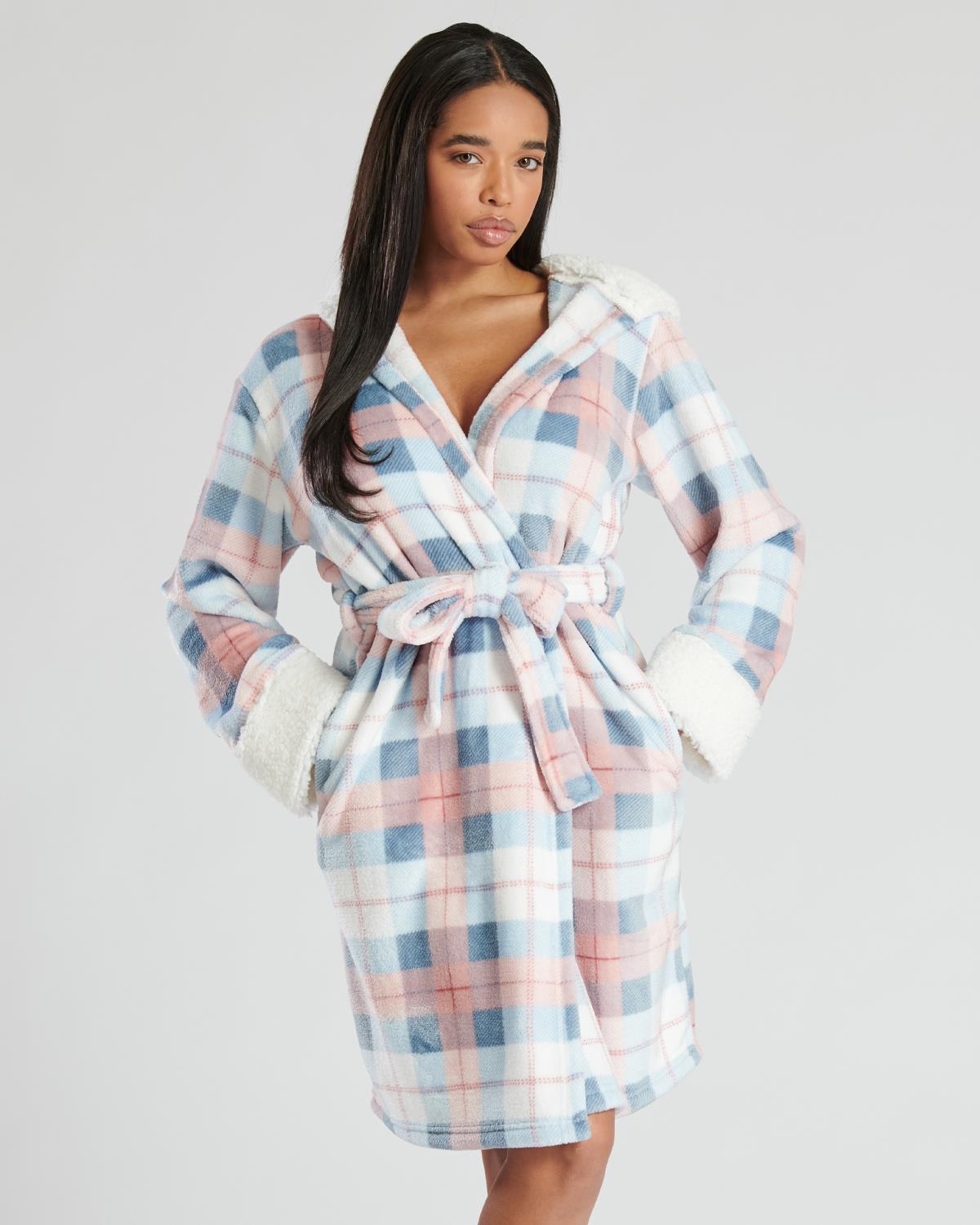 Loungeable Womens Blue Check Hooded Dressing Gown