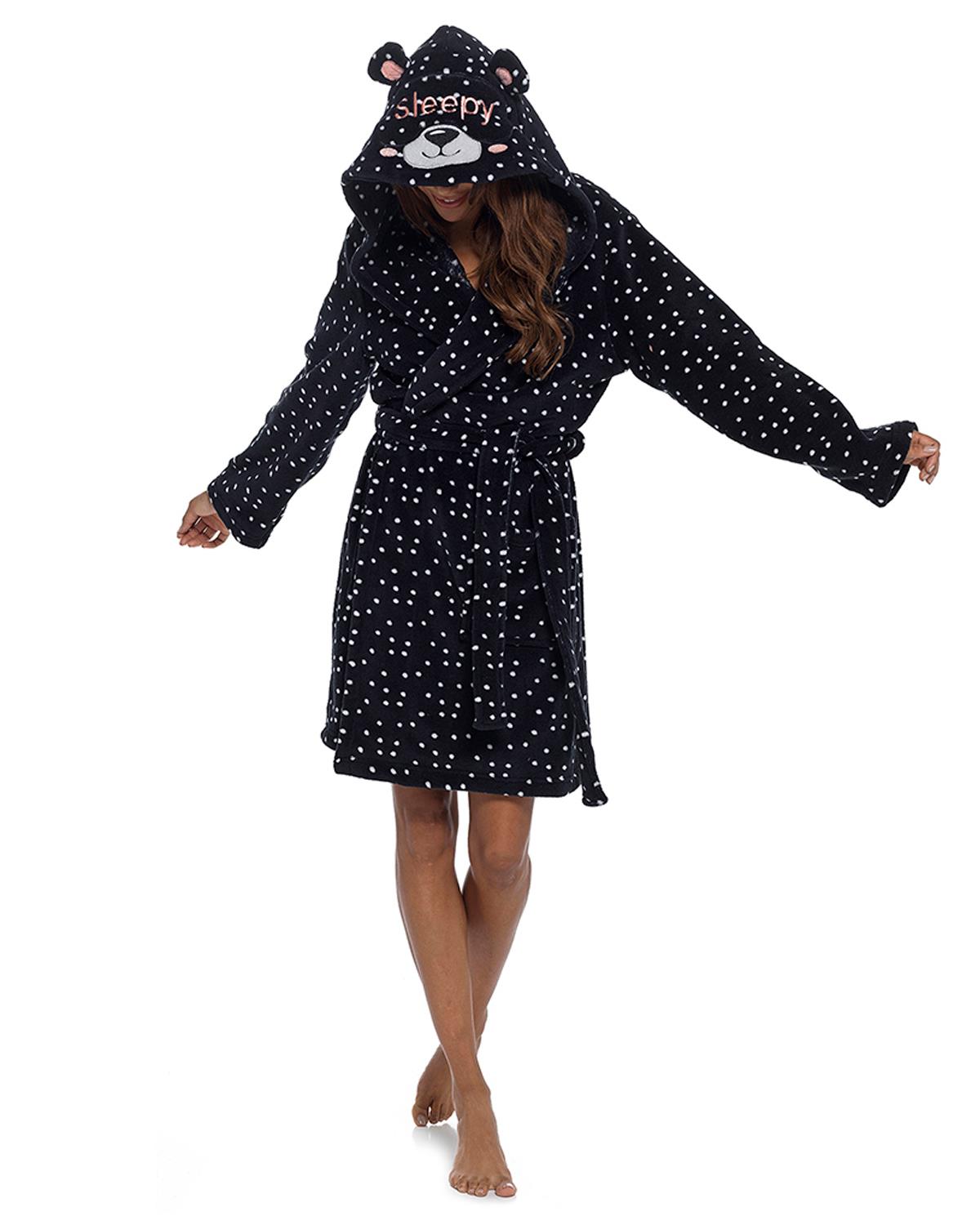 Foxbury Womens Black Bear Fleece Dressing Gown