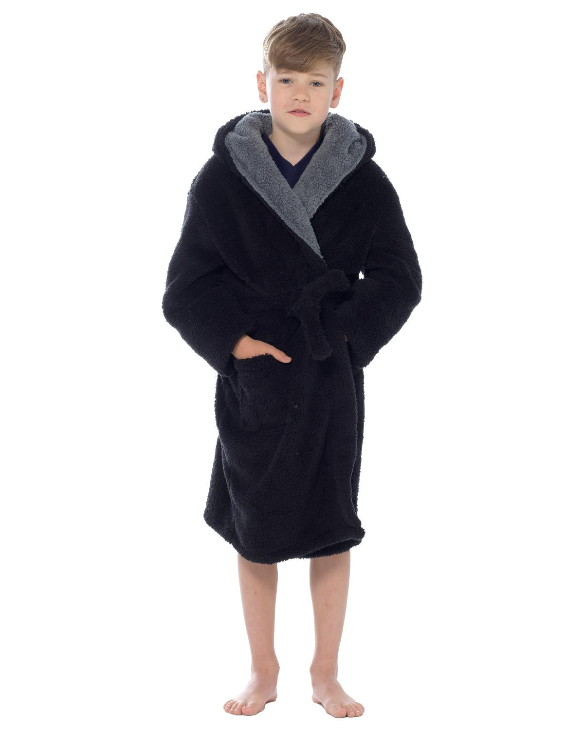 Slumber Hut Boys Black Shaggy Fleece Dressing Gown