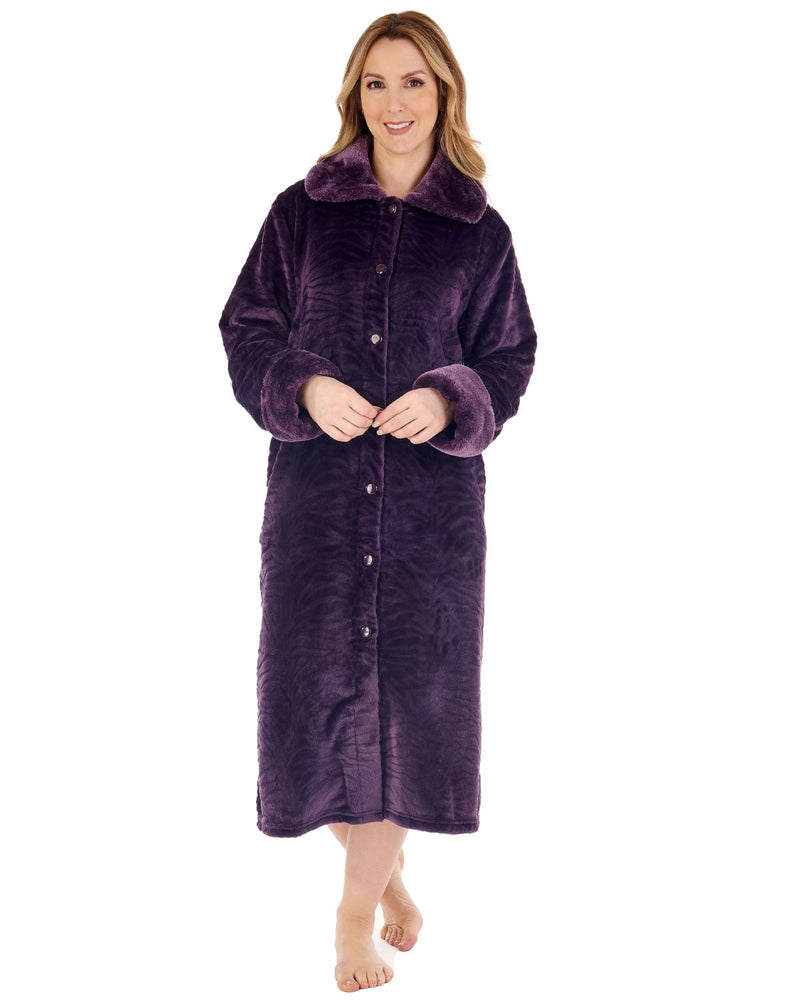 Slenderella Womens Faux Fur Collar Embossed Button Dressing Gown