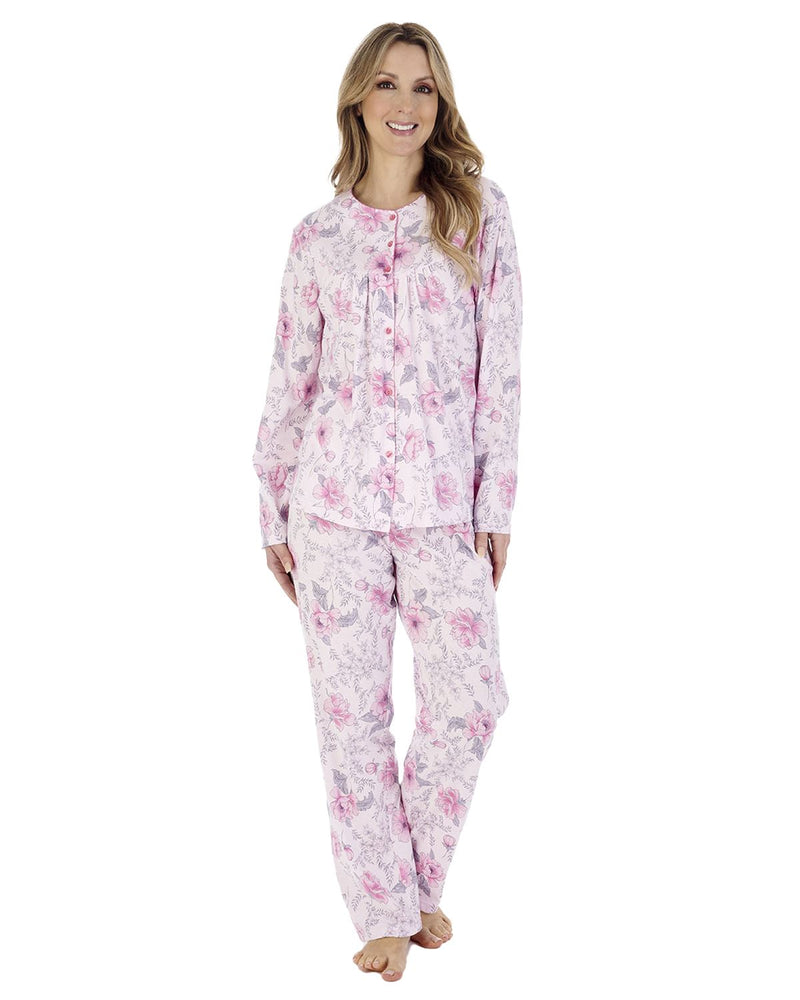 Slenderella Womens Picot Trim Long Sleeve Cotton Pyjamas