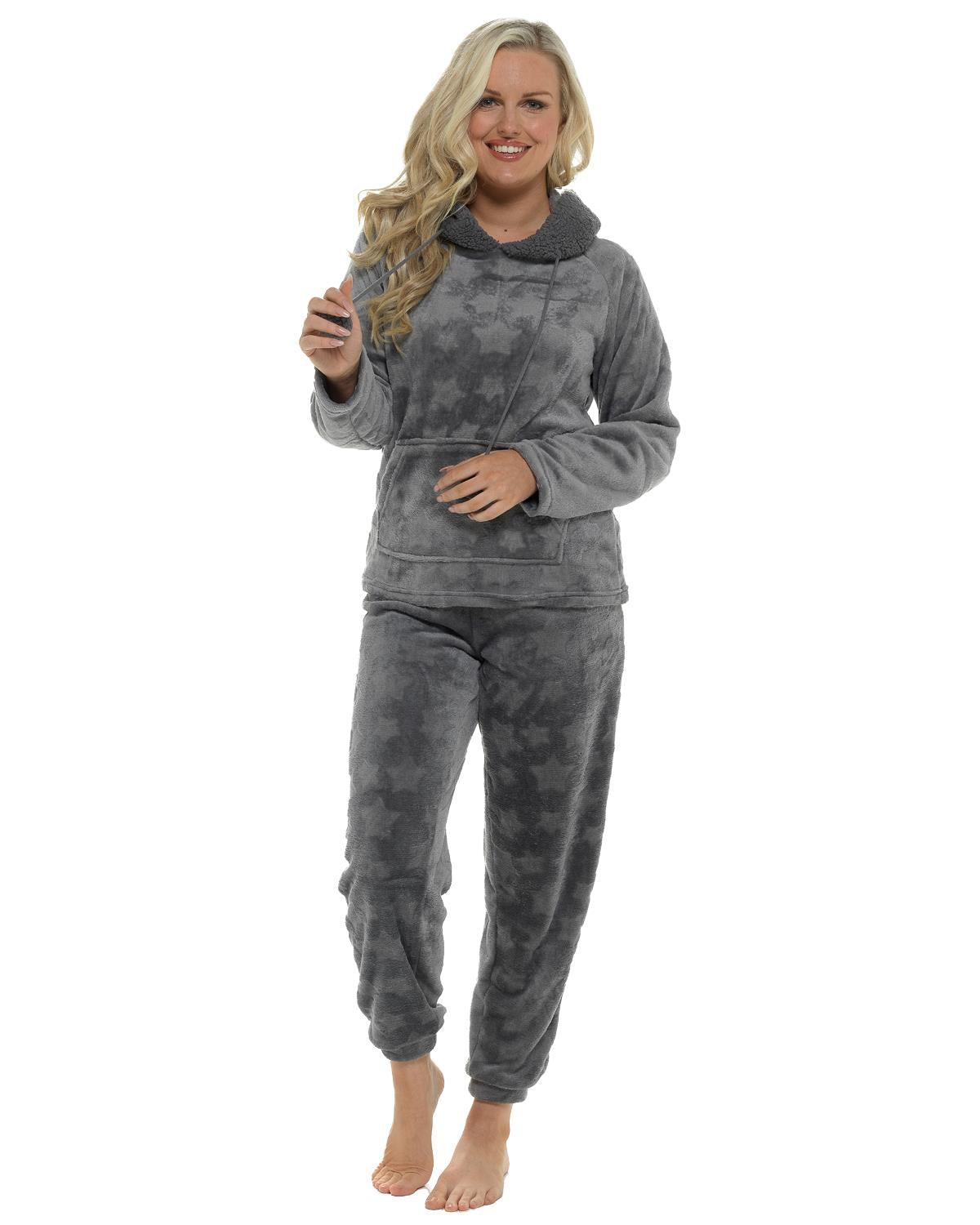 Womens Star Embossed Fleece Hooded Pyjamas