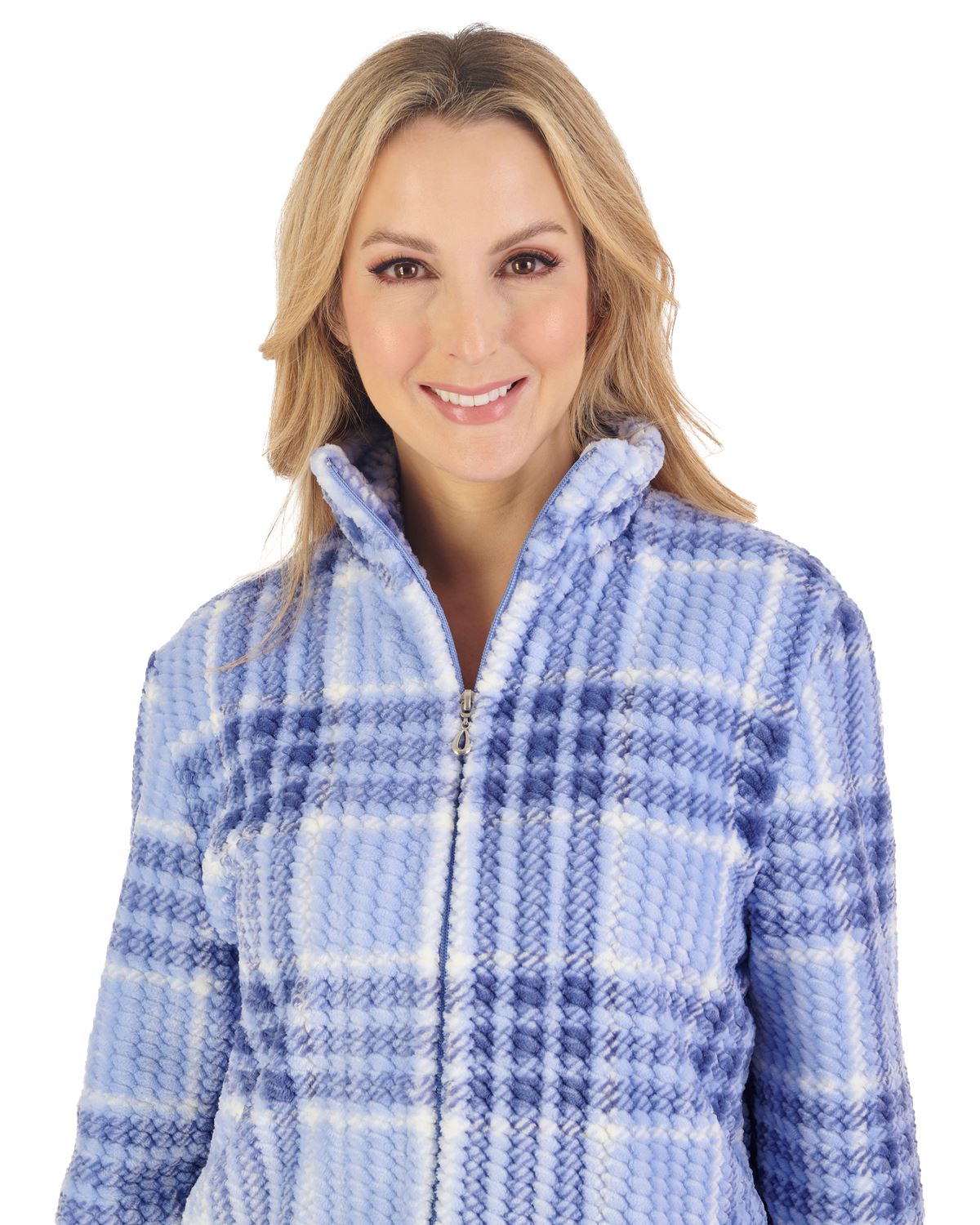 Slenderella Womens Waffle Fleece Check Print Zip Pyjamas