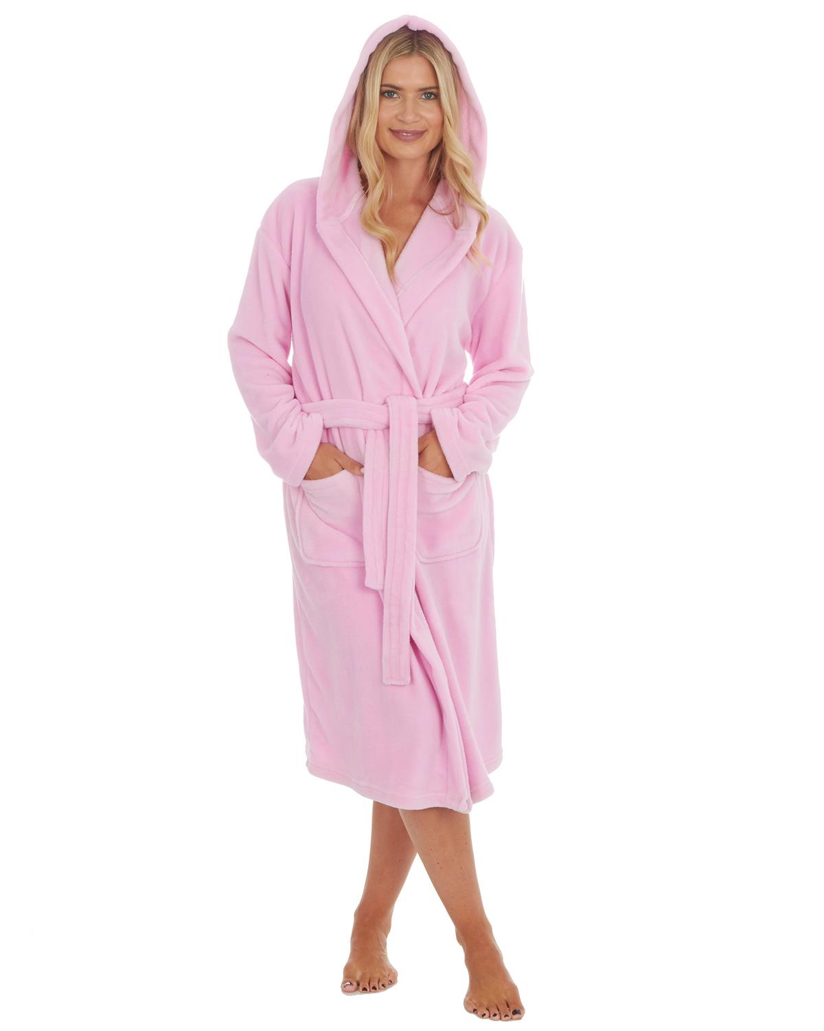 Womens Baby Pink Fleece Hooded Dressing Gown