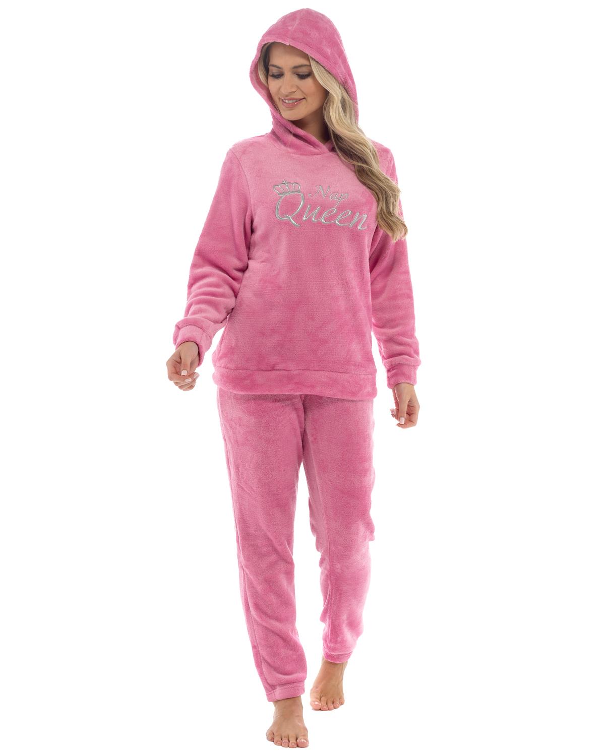 Womens Polished Fleece Slogan Hooded Pyjamas