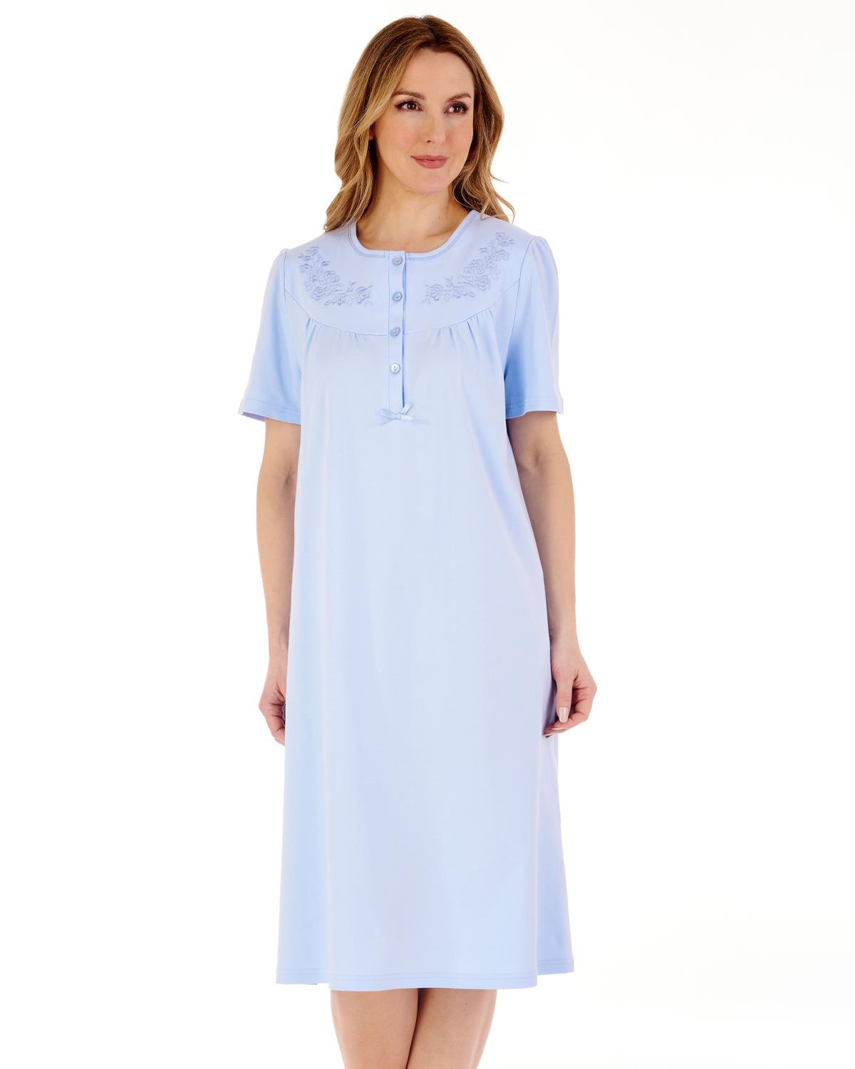 Slenderella Womens 42" Short Sleeve Embroidered Yoke Interlock Nightdress