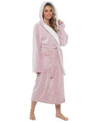 Womens Polished Fleece Sherpa Hood Dressing Gown