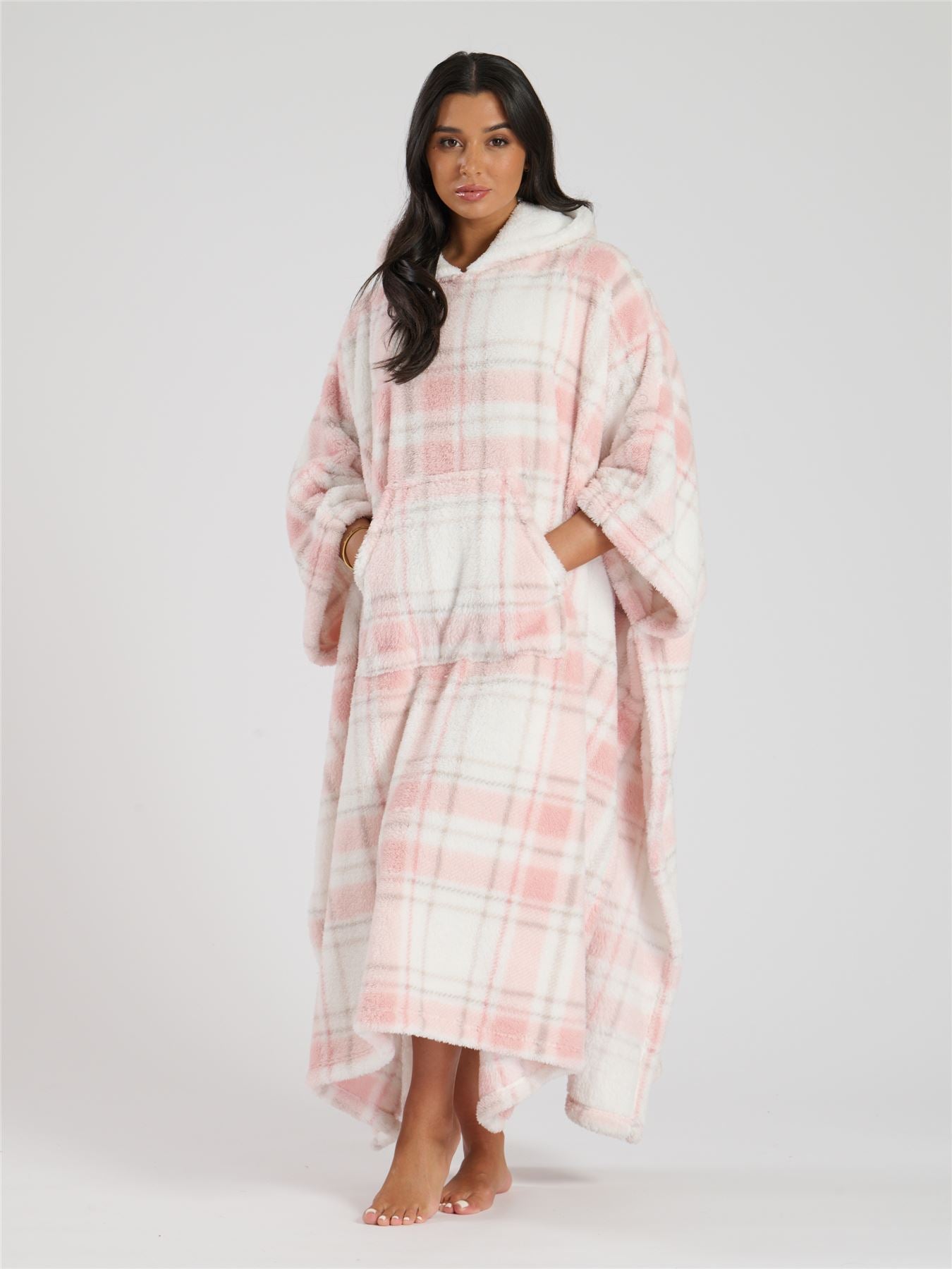 Loungeable Womens Pink Check Print Long Poncho