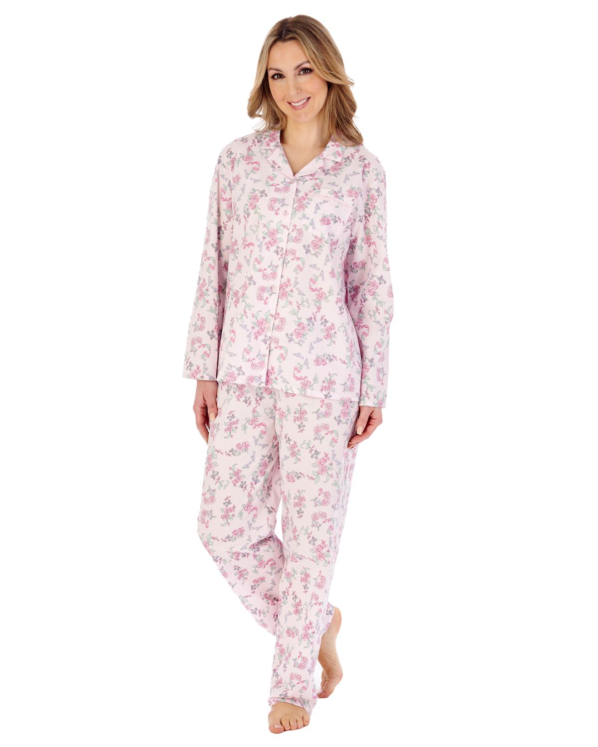 Slenderella Womens Long Sleeve Woven Cotton Pyjamas