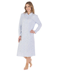 Slenderella Womens 45" Long Sleeve Collared Interlock Cotton Nightie