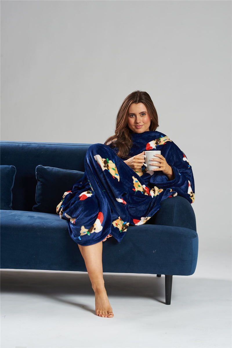 Loungeable Navy Christmas Frenchie Sleeved Blanket