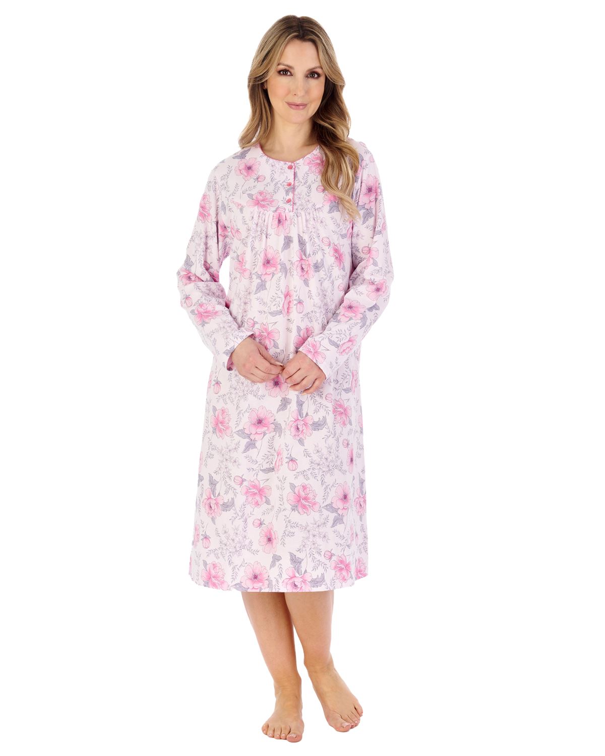 Slenderella Womens 42" Picot Trim Long Sleeve Cotton Nightie