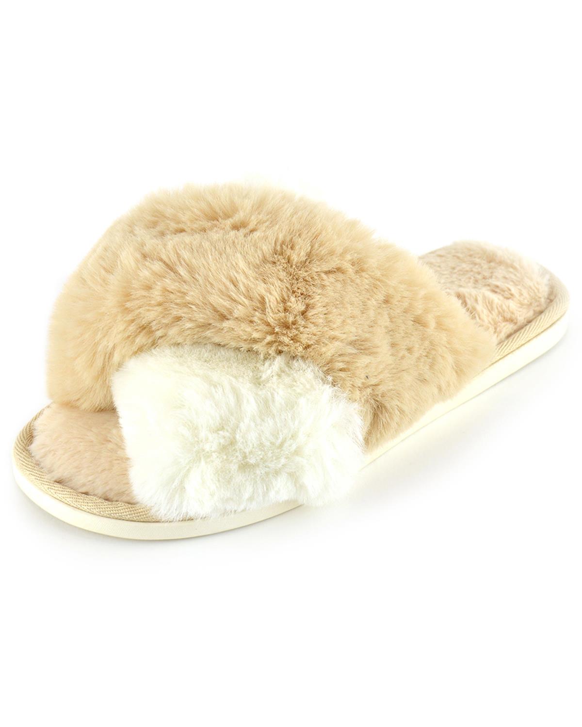 SlumberzzZ Womens Contrast Fluffy Crossover Slippers