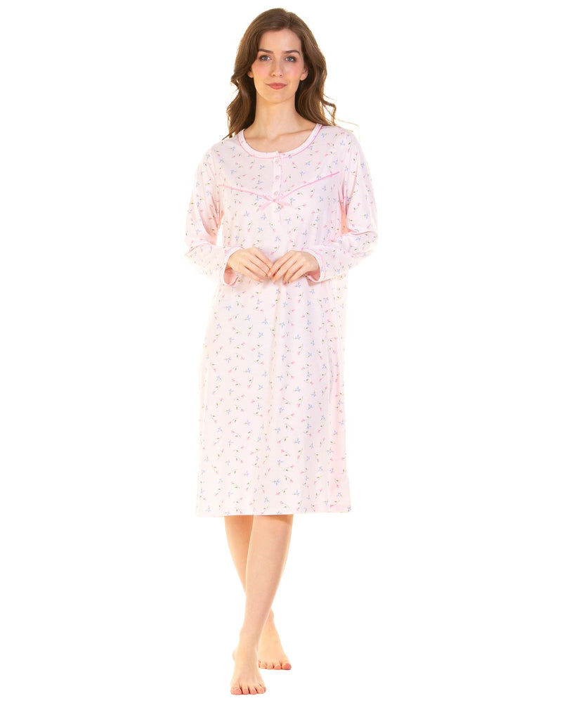 La Marquise Womens Flower Leaf Jersey Long Sleeve Nightie