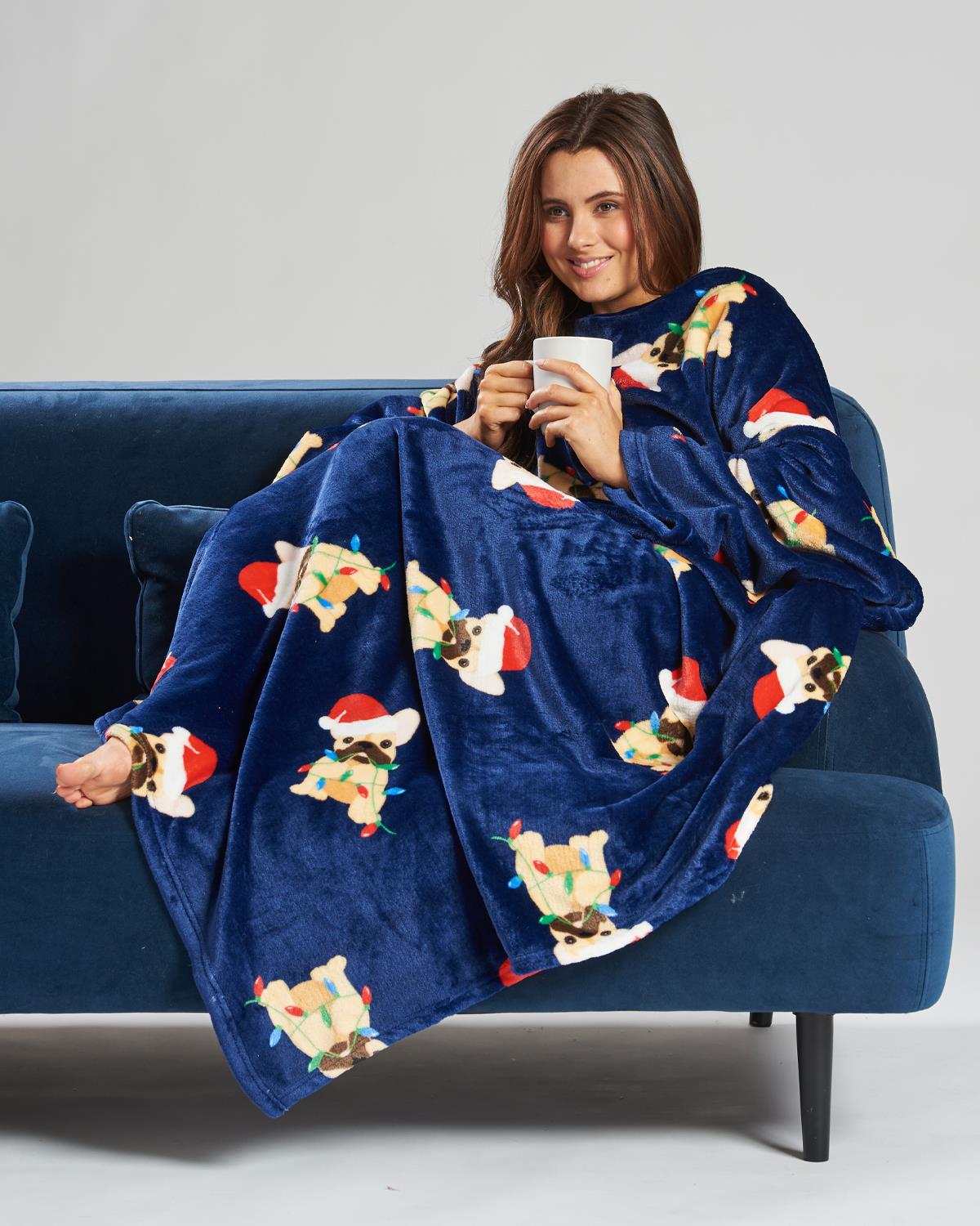 Loungeable Navy Christmas Frenchie Sleeved Blanket