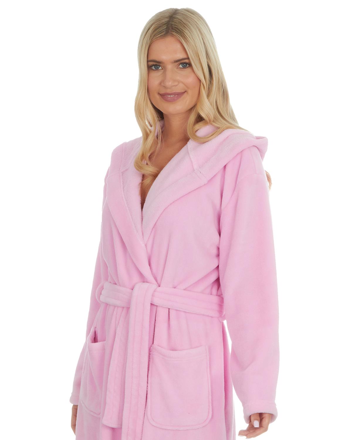 Womens Baby Pink Fleece Hooded Dressing Gown