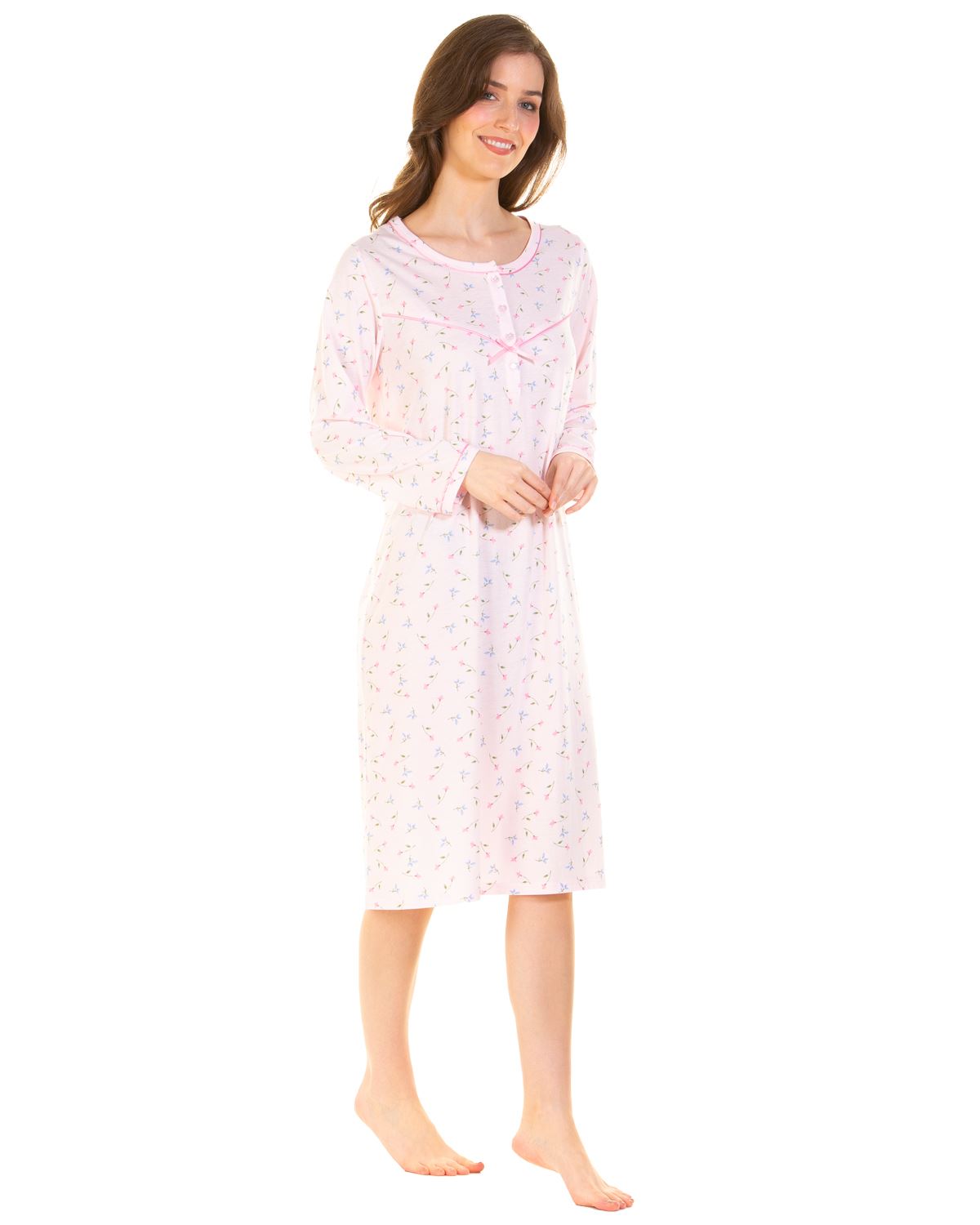 La Marquise Womens Flower Leaf Jersey Long Sleeve Nightie