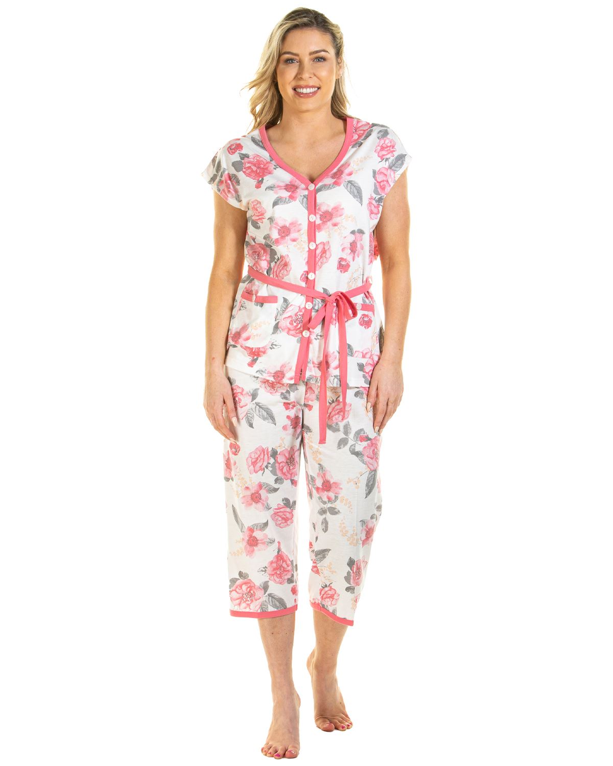 Lady Olga Womens Roses Jersey Cropped Pyjamas