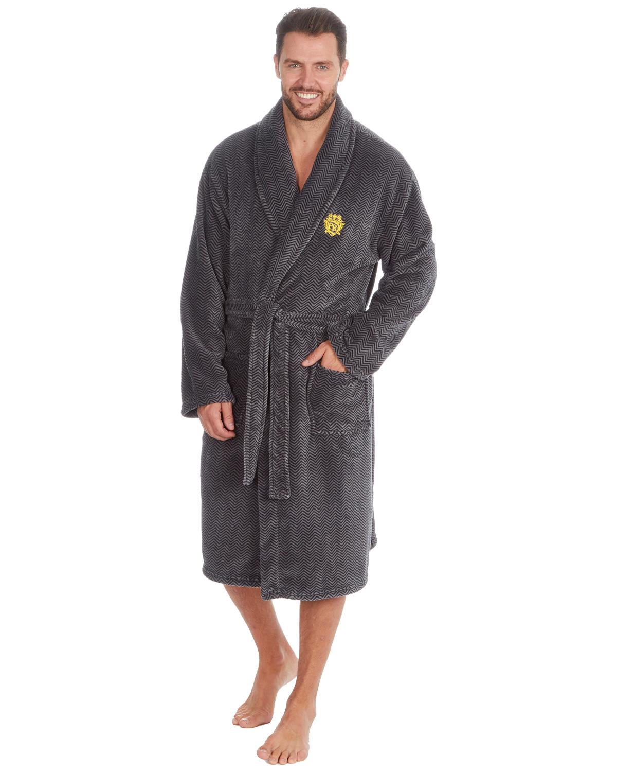 Pierre Roche Mens Black Chevron Fleece Dressing Gown