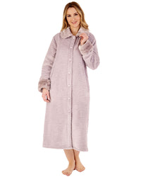 Slenderella Womens Faux Fur Collar Embossed Button Dressing Gown