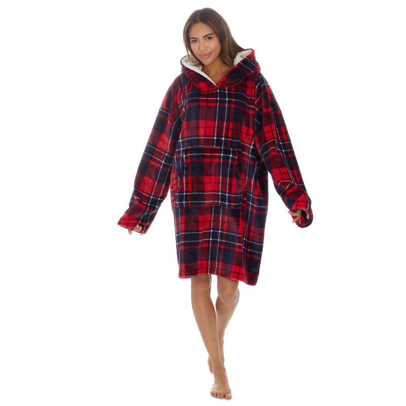 Huggable Womens Red Check Oversized Hoodie