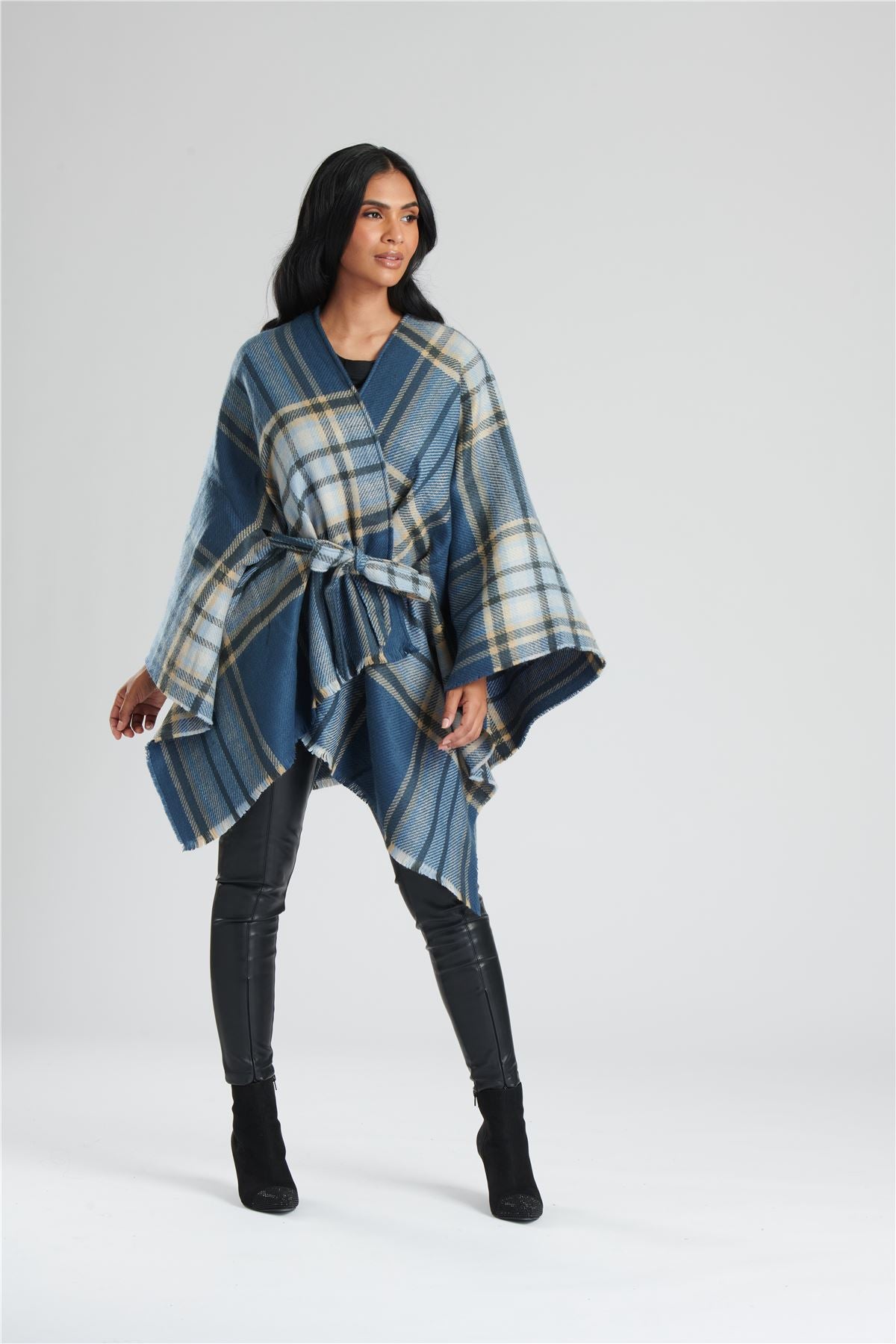 South Beach Womens Check Belted Waist Poncho