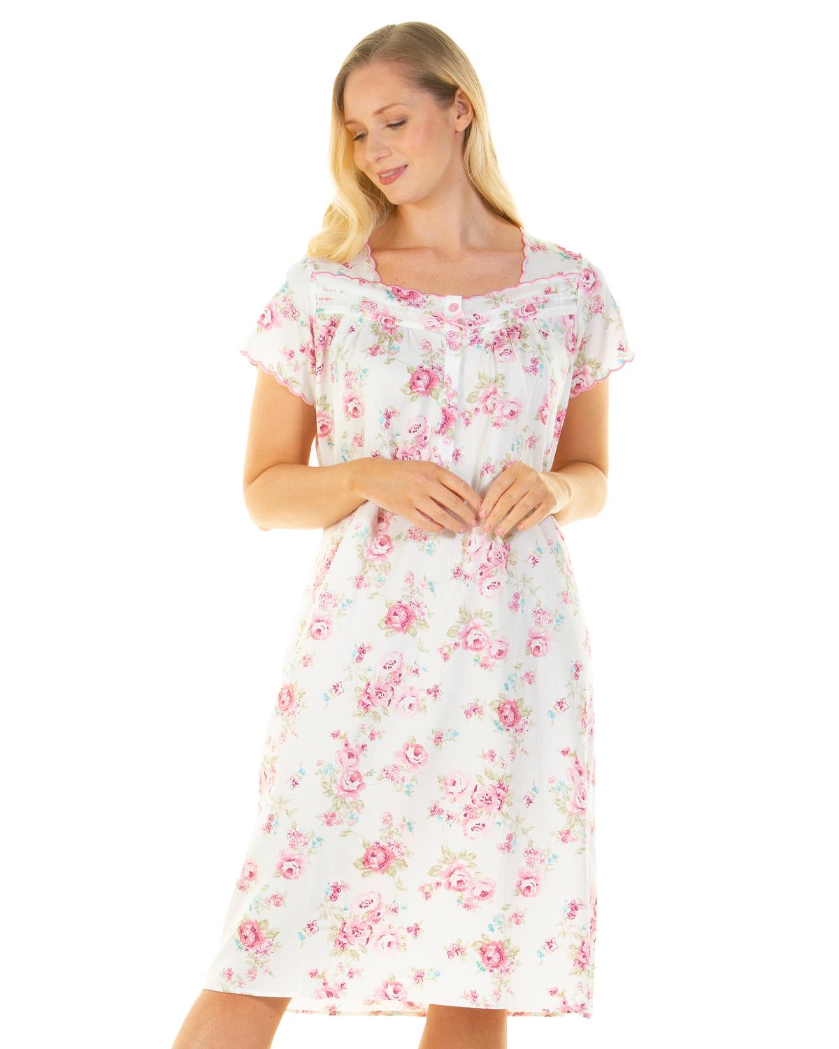 Sue Marks Womens 43" Cotton Roses Short Sleeve Nightie