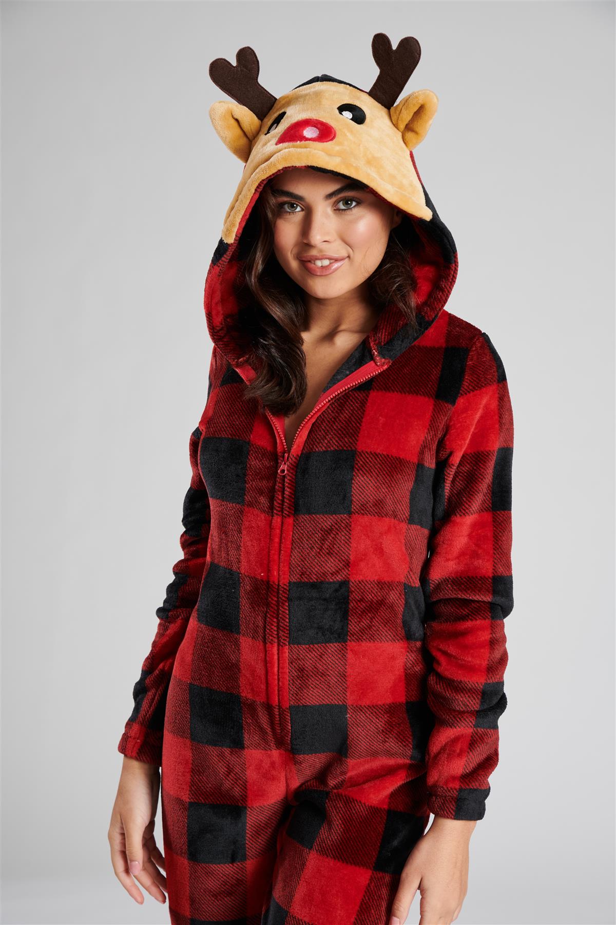 Loungeable Womens Red Check Reindeer Onesie