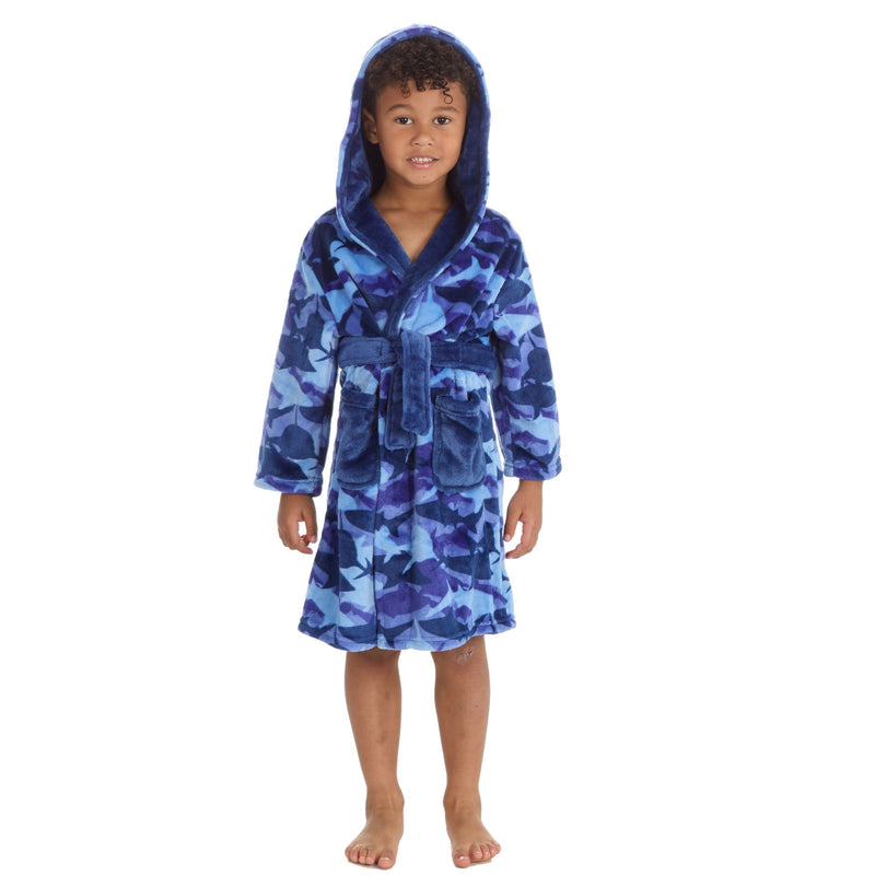 Boys Blue Shark Camo Dressing Gown