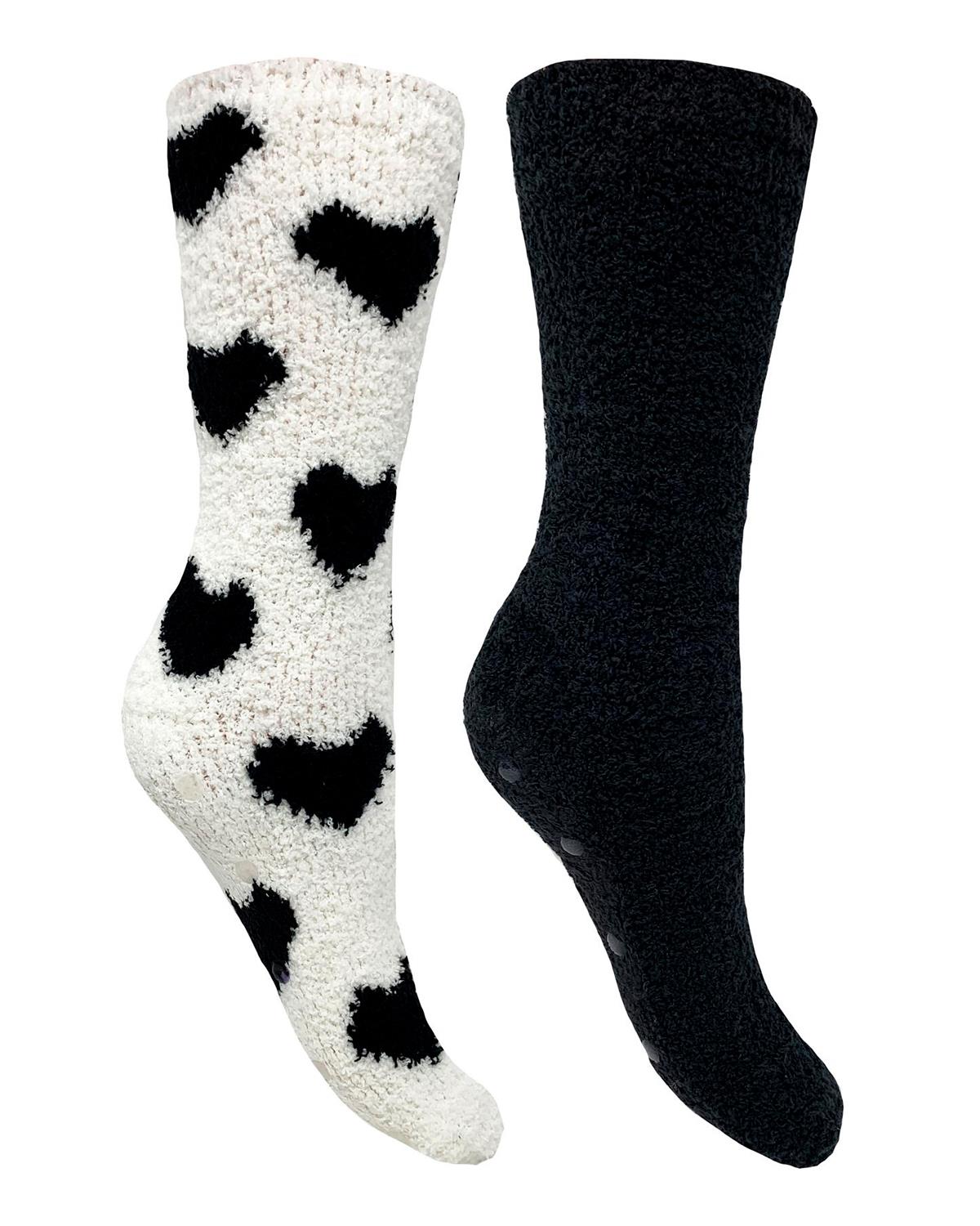 Bramble Womens 2 Pack Black & White Heart Fluffy Socks