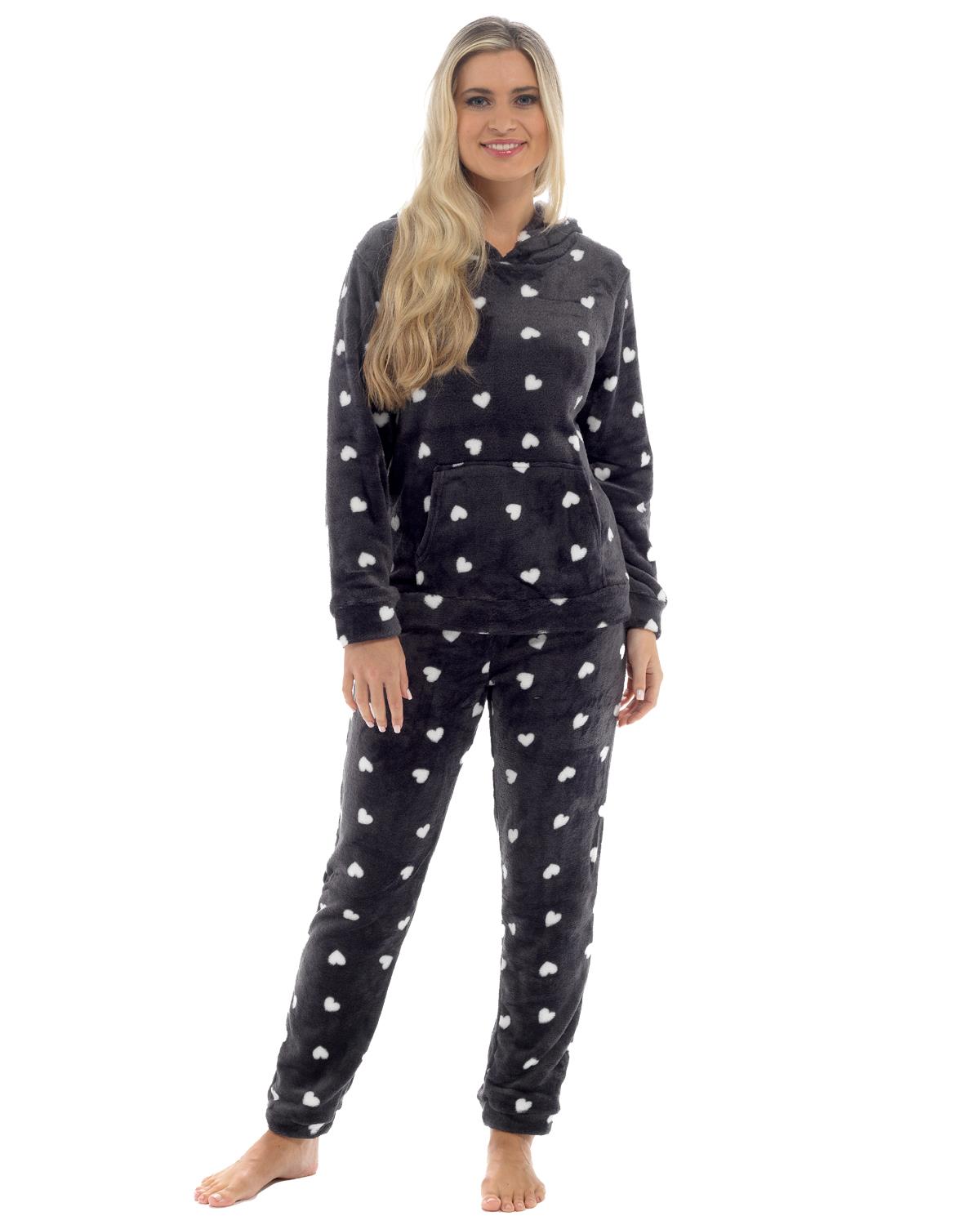 Womens Heart Print Hooded Fleece Pyjamas