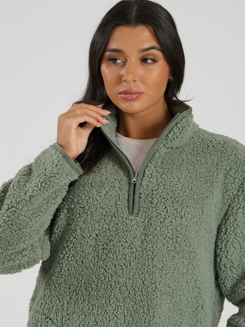 Loungeable Womens Green Borg 1/4 Zip Jumper