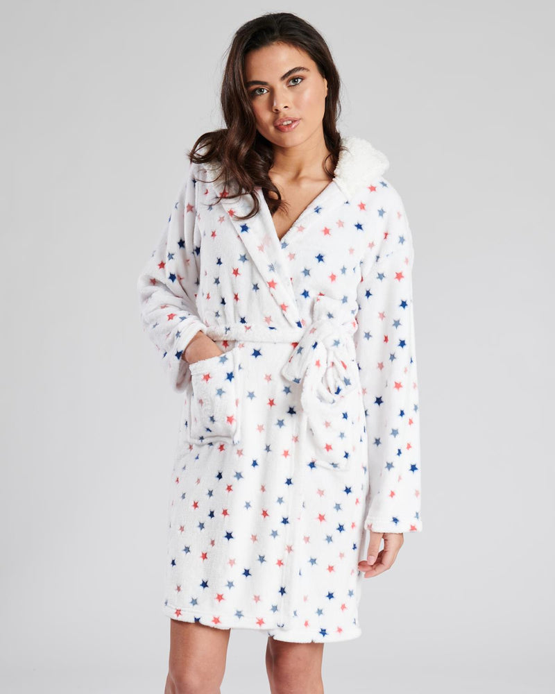 Loungeable Womens White Star Print Dressing Gown