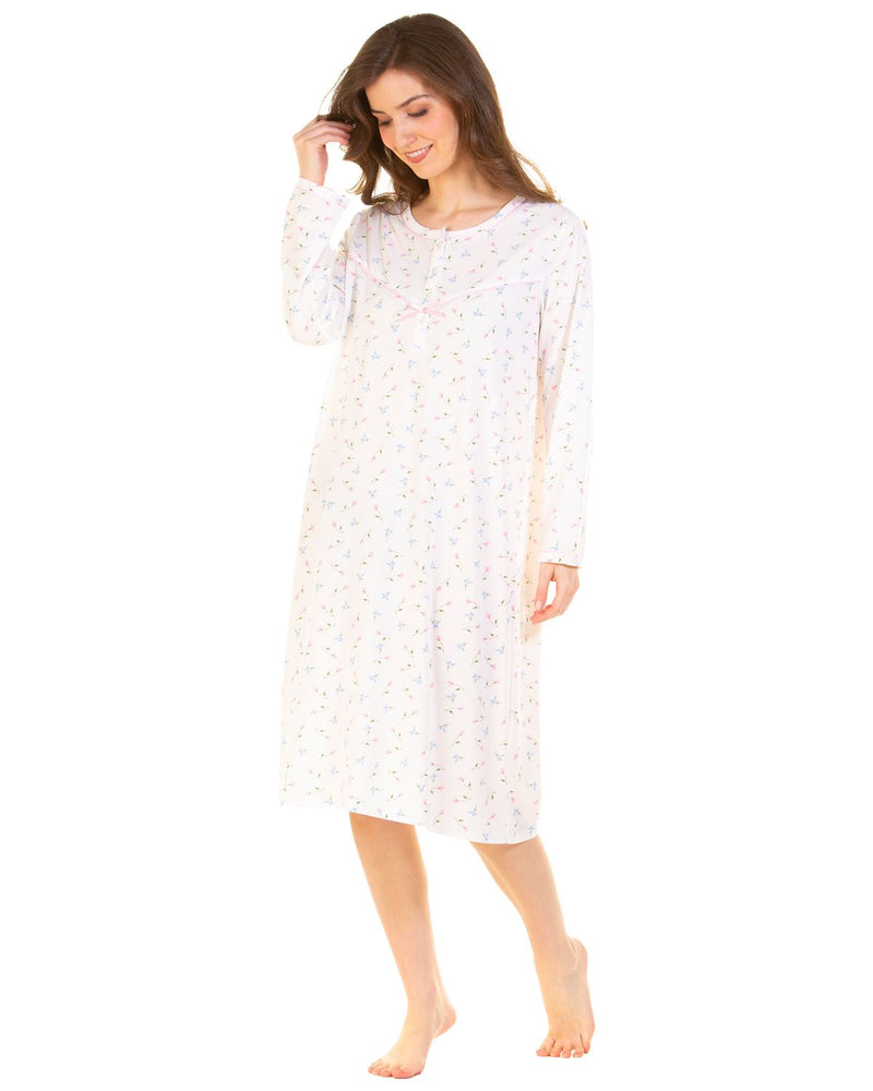 La Marquise Womens Flower Leaf Jersey Long Sleeve Nightie