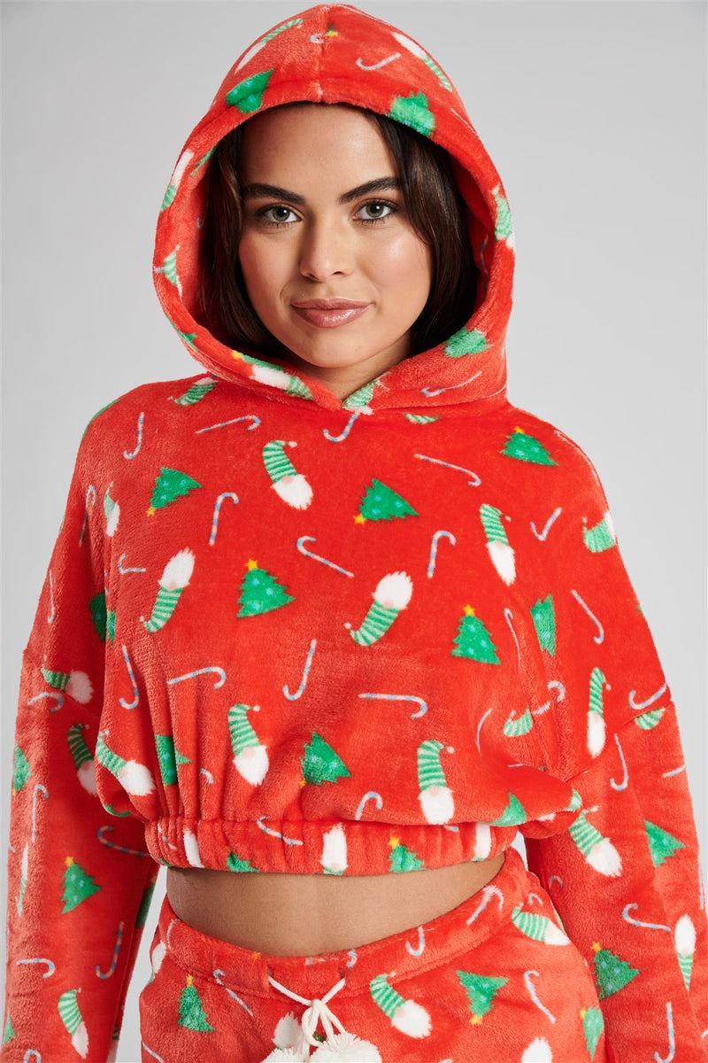 Loungeable Womens Christmas Print Cropped Hoodie & Short Pyjamas