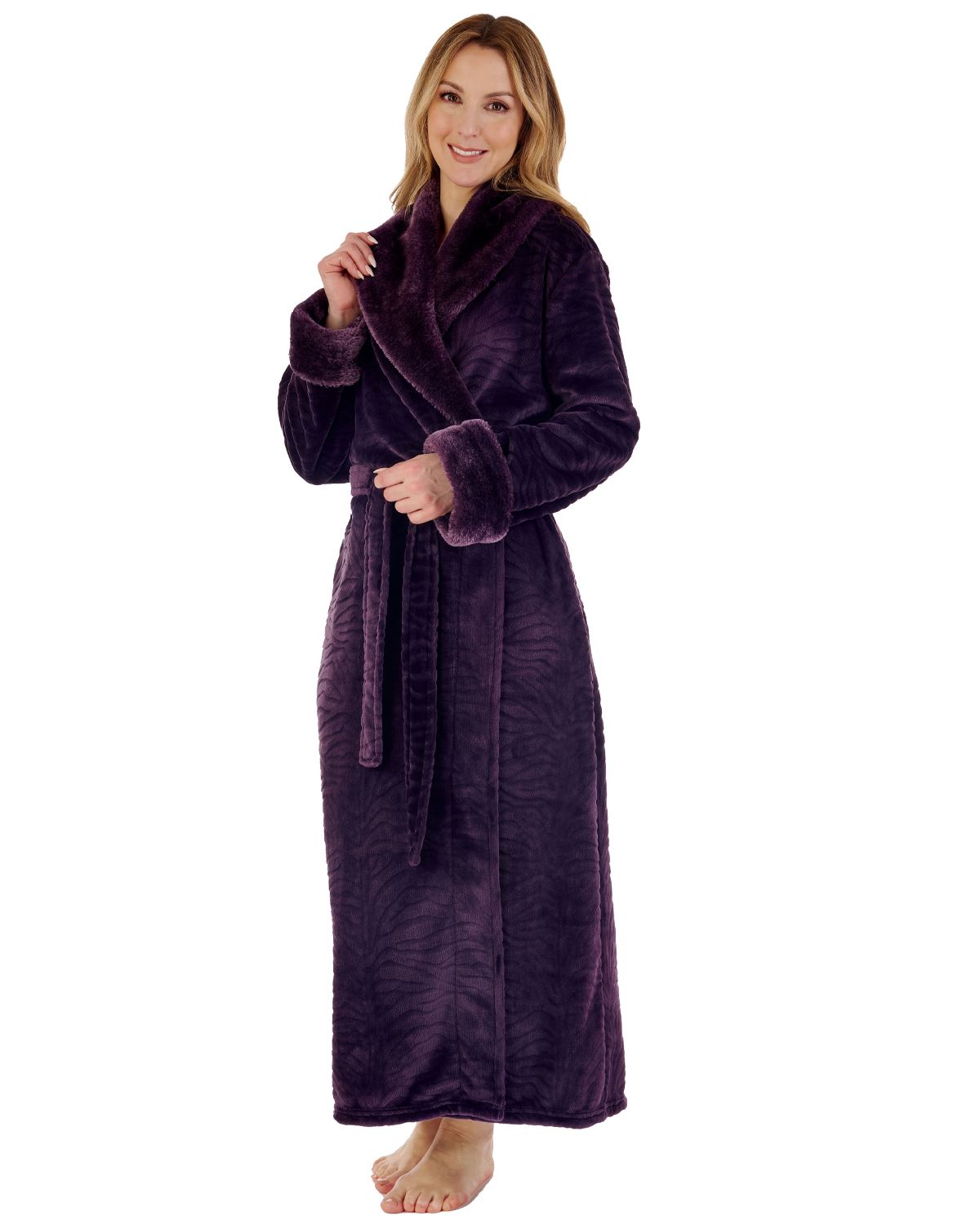 Slenderella Womens Faux Fur Collar Embossed Dressing Gown