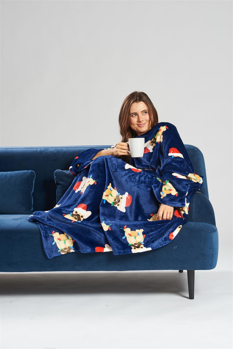 Loungeable Navy Christmas Frenchie Sleeved Blanket