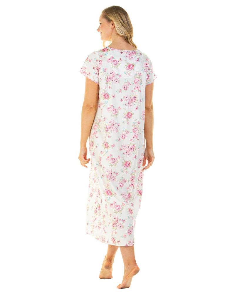 Sue Marks Womens Cotton Roses Short Sleeve Longer Length 50" Nightie