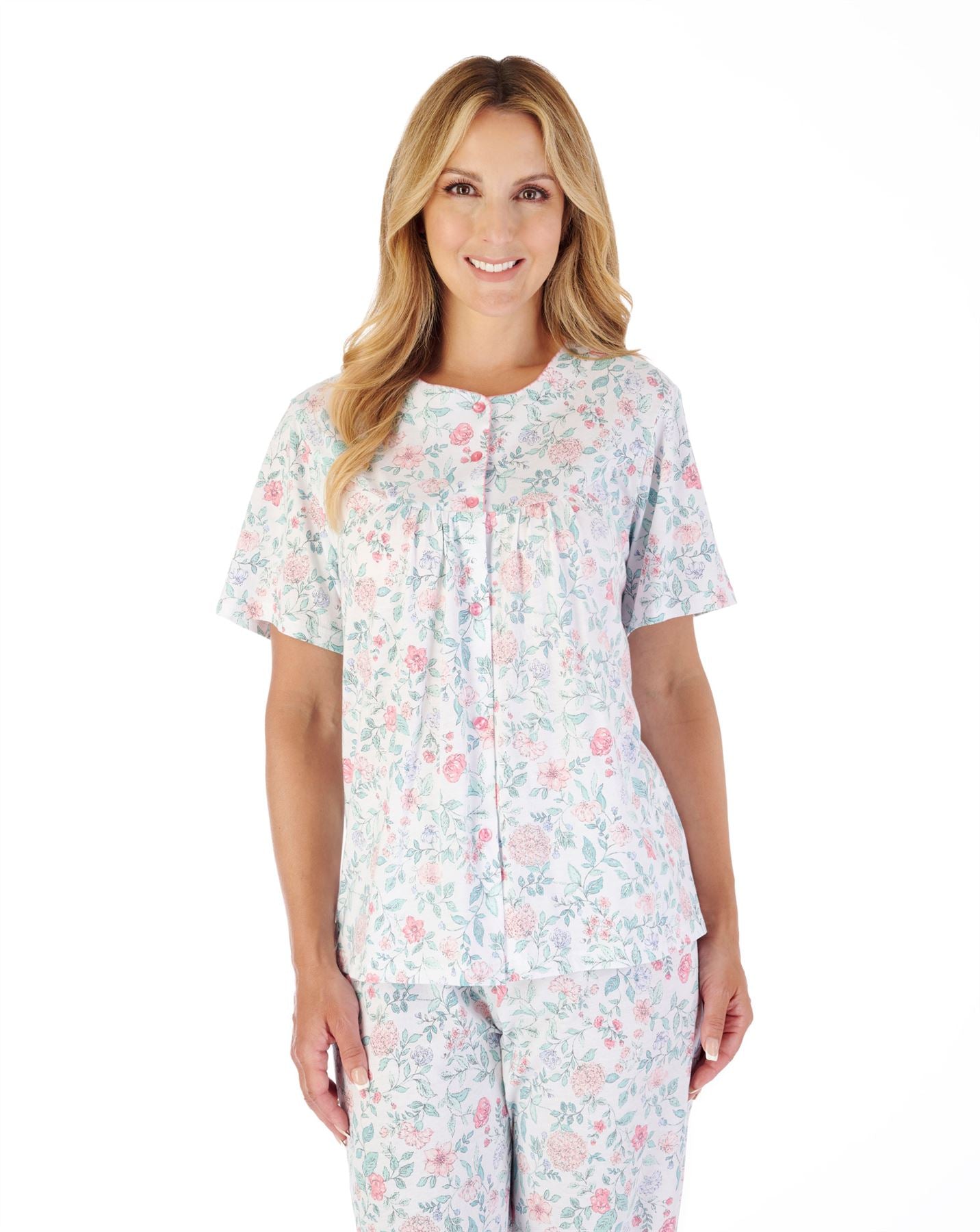 Slenderella Womens Trailing Floral Short Sleeve Button Pyjamas