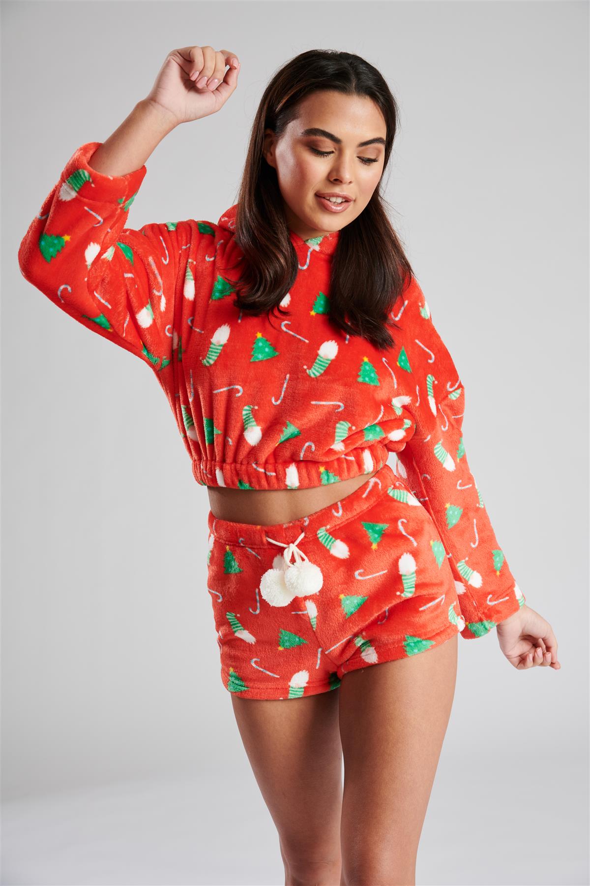 Loungeable Womens Christmas Print Cropped Hoodie & Short Pyjamas