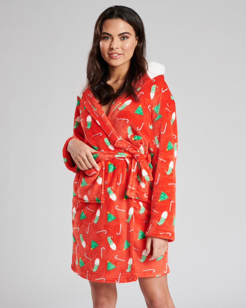 Loungeable Womens Red Christmas Print Dressing Gown