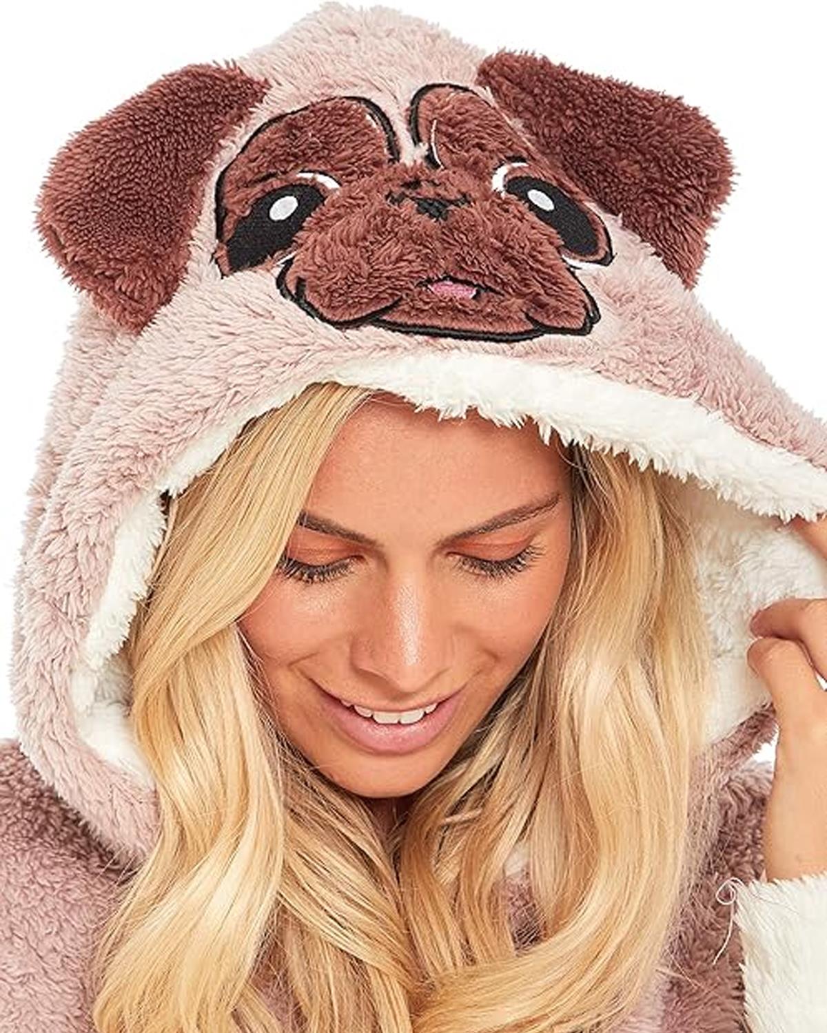 Slumber Hut Womens Shaggy Fleece Pug Onesie