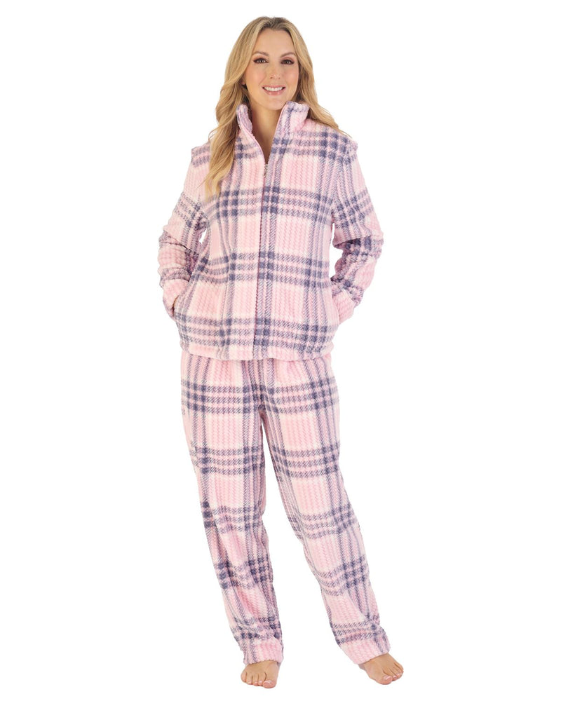 Slenderella Womens Waffle Fleece Check Print Zip Pyjamas