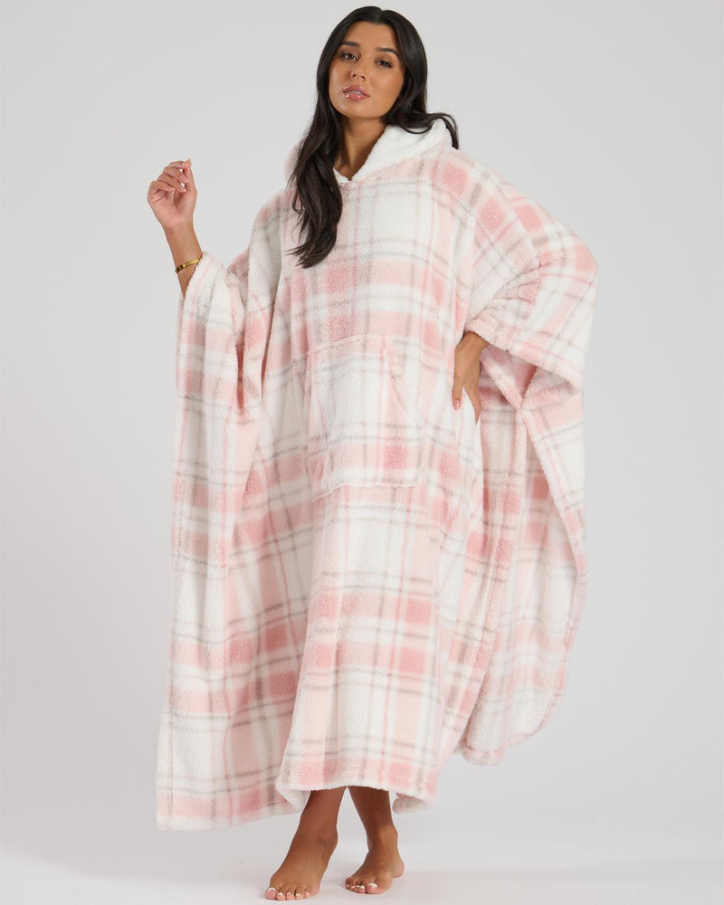 Loungeable Womens Pink Check Print Long Poncho